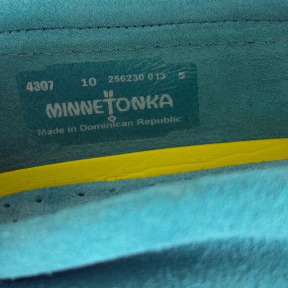 Minnetonka Turquoise Suede Moccasins Kitty Plus Womens Size 10 Fringe Whipstitch - Picture 10 of 16